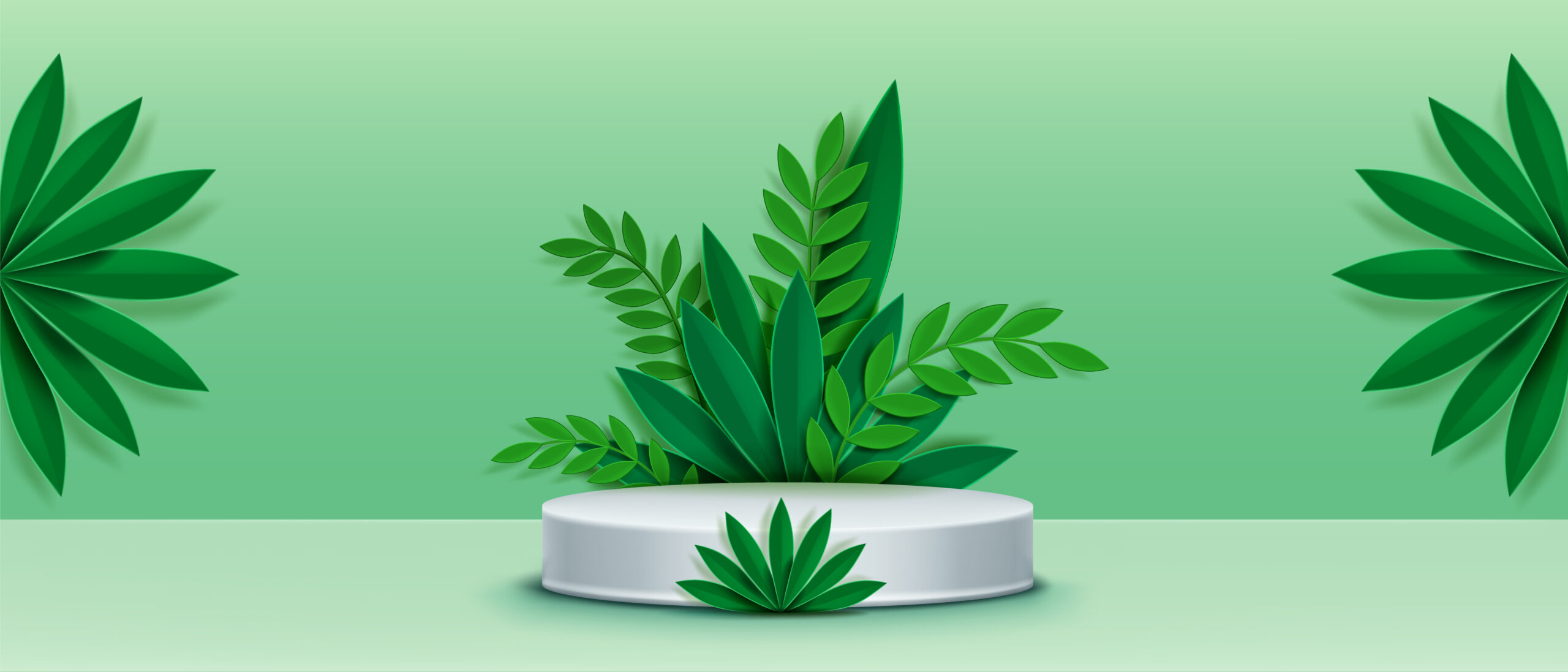 Cylinder product podium with paper cut green leaf. Realistic 3d vector display stage mockup with abstract cardboard plant foliage. Showcase platform template with natural origami composition.